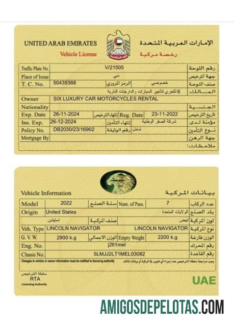 Modelo de cartão de registro de veículo dos Emirados Árabes Unidos